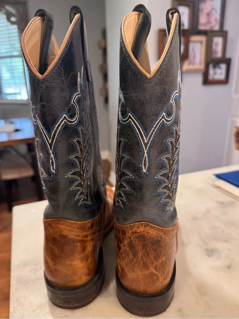 OLD WEST KIDS BURNT TAN AND NAVY BLUE WIDE SQUARE TOE COWBOY BOOTS